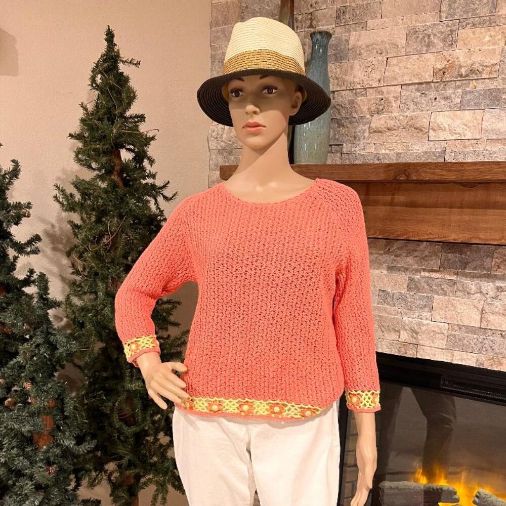 Coral Knit Women's Sweater with Floral Trim